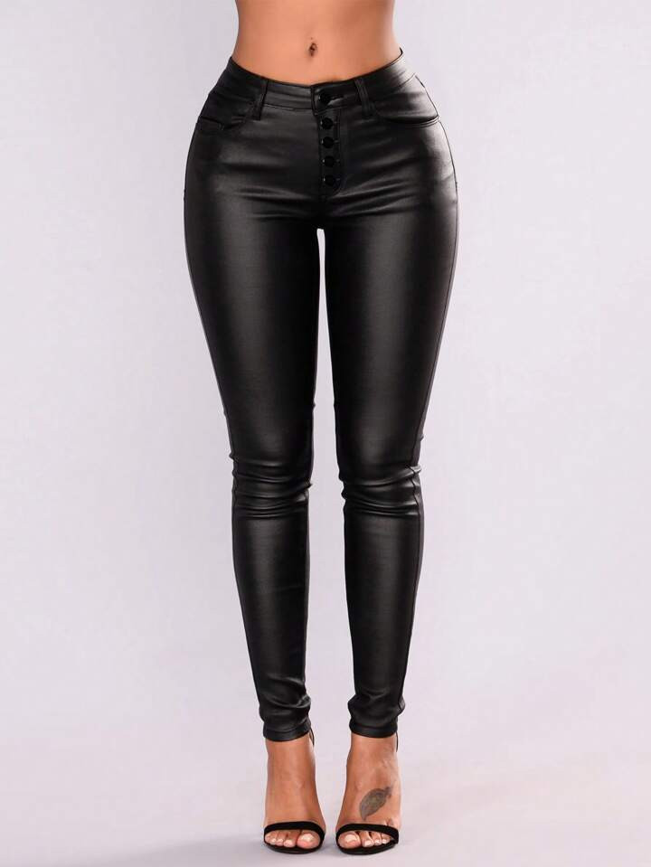 Apperloth A Button Fly Thermal Lined PU Leather Skinny Cropped Pants | SHEIN