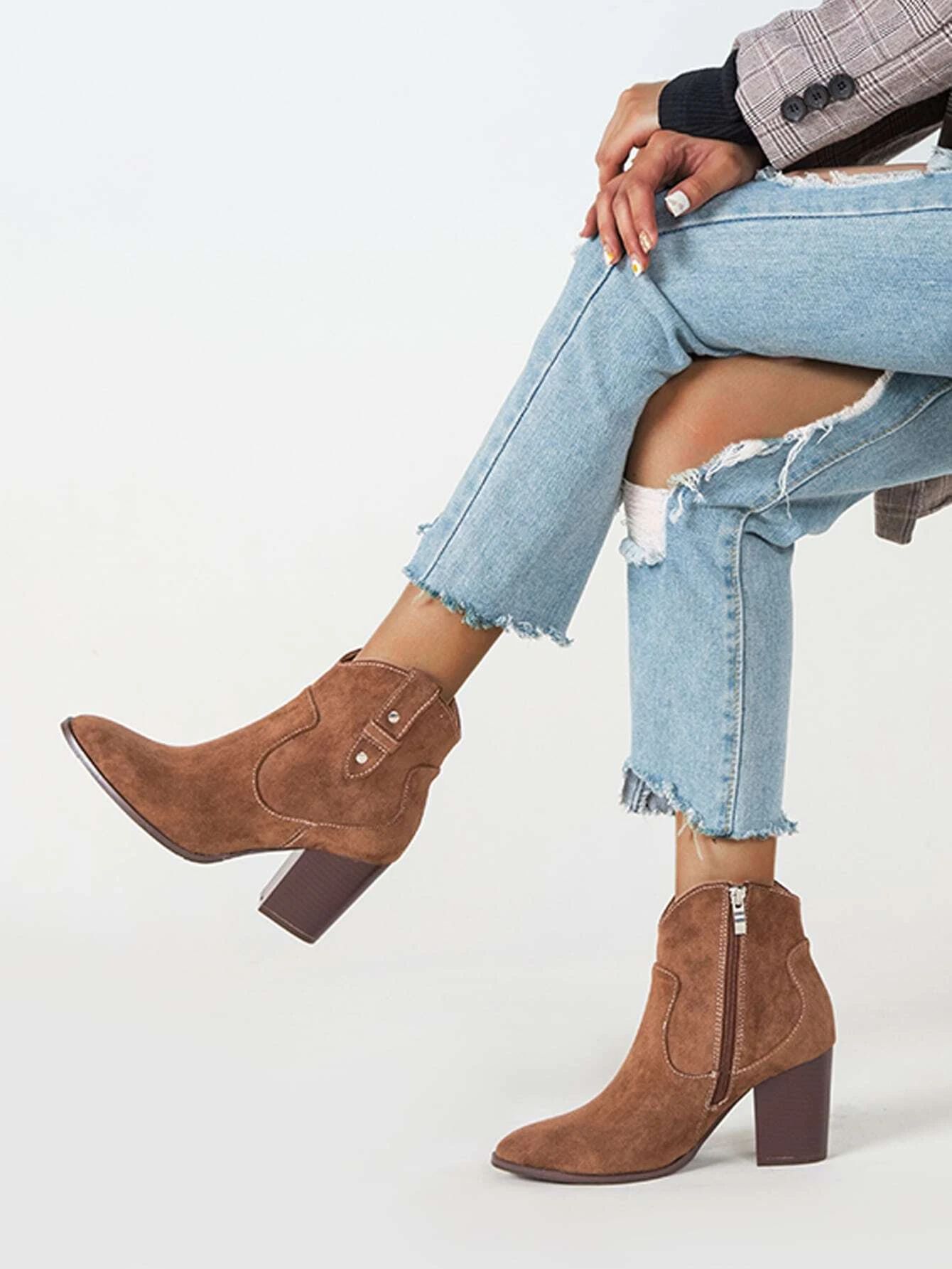 Velvet Side Zipper Chunky Western Boots | SHEIN