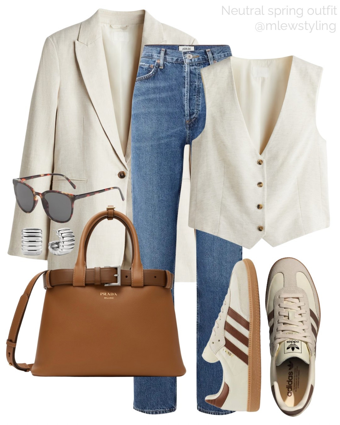 A neutral spring outfit with a tailored waistcoat, agolde straight leg jeans, a linen blazer, a brown leather Prada bag, and Adidas Samba sneakers 🤎

Tags: belt tote bag, office outfit, casual workwear, spring fashion, linen vest, neutral aesthetic, spring work outfit 

#LTKShoeCrush #LTKItBag 

#LTKWorkwear