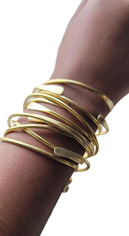 5 Raw Brass Cuff Bracelets Set, African Brass Bangles For Women, Hammered Ends Stacking Bracelets... | Amazon (US)