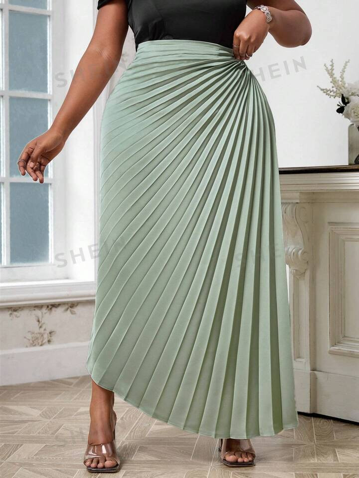 SHEIN Lady Plus Size Women Fashion Solid Color Pleated Rave Festival Outfits Skirt | SHEIN