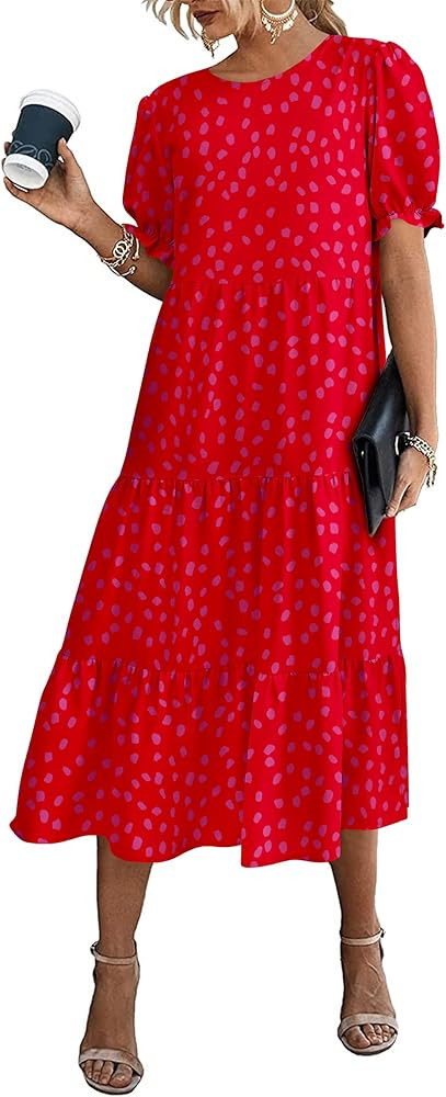 PRETTYGARDEN Women's Summer Casual Boho Dress Floral Print Ruffle Puff Sleeve High Waist Midi Bea... | Amazon (US)