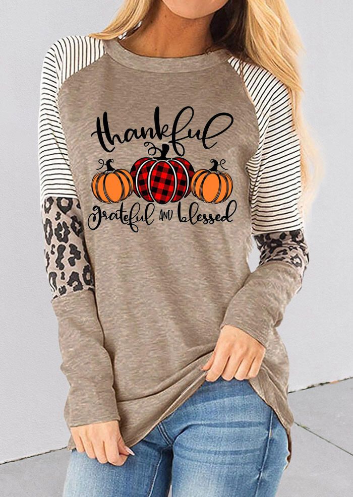 Thankful Striped Leopard Splicing Plaid Pumpkin Blouse - Light Khaki - Fairyseason | Fairy Season US