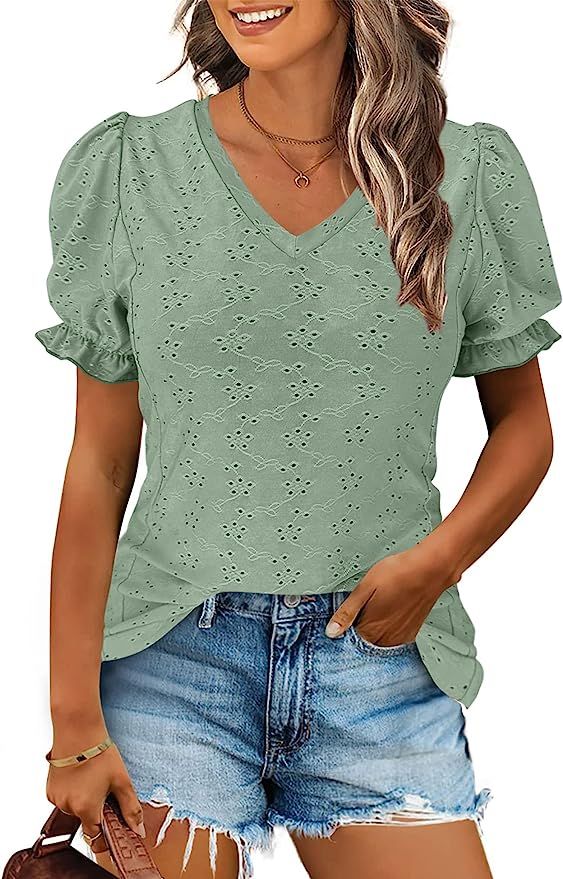 Jollycode Womens V Neck T Shirts 2023 Casual Summer Tops Short Puff Sleeve Fashion T-Shirt | Amazon (US)