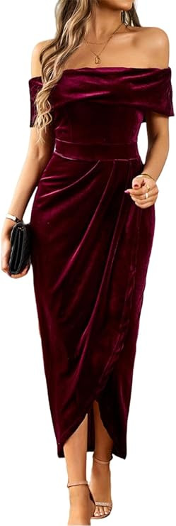 Womens Velvet Wrap Off The Shoulder Dress Sexy Slit Ruched Cocktail Dress Wedding Party Dresses | Amazon (US)