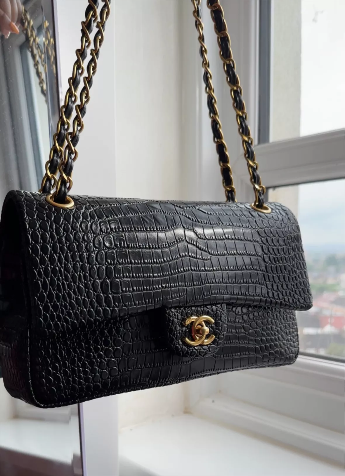 Chanel CHANEL Full flap croco shoulder bag leather black