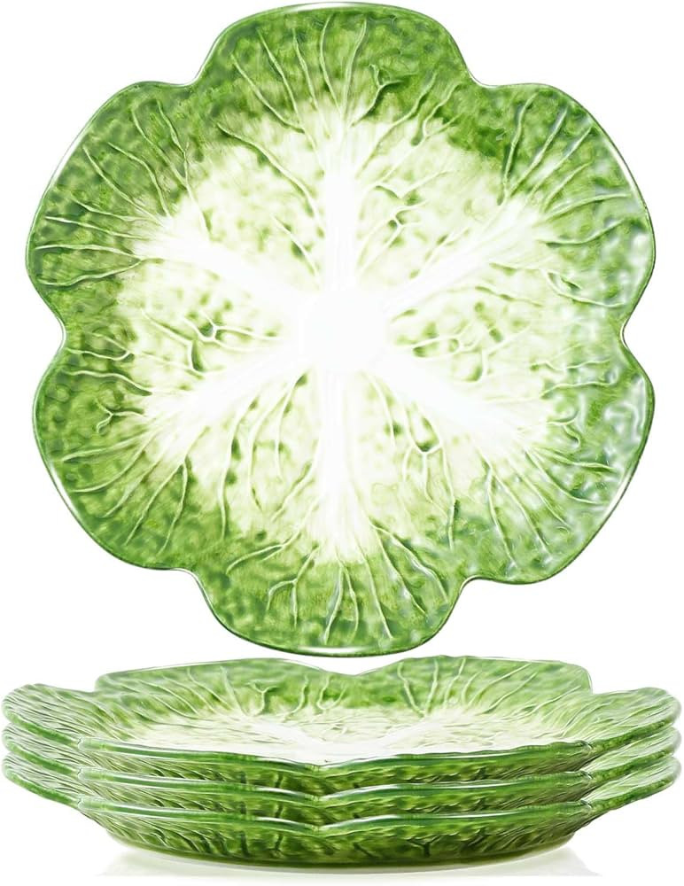 KXZ Set of 4 Green Ceramic Salad Plate, 10.5 Inch Porcelain Decorative Plates for Kitchen, Round ... | Amazon (US)