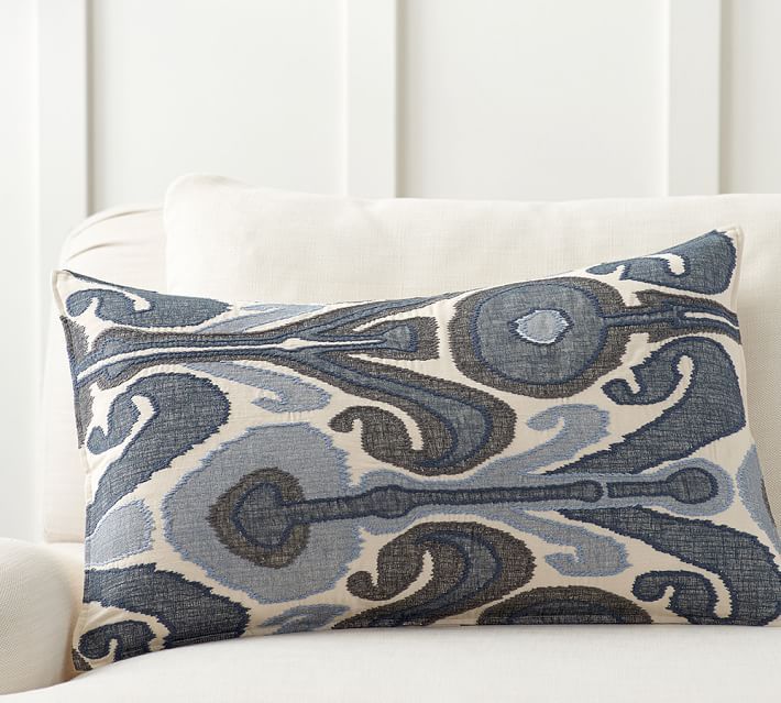 Kenmare Ikat Embroidered Lumbar Pillow Cover, 16 x 26", Blue Multi | Pottery Barn (US)