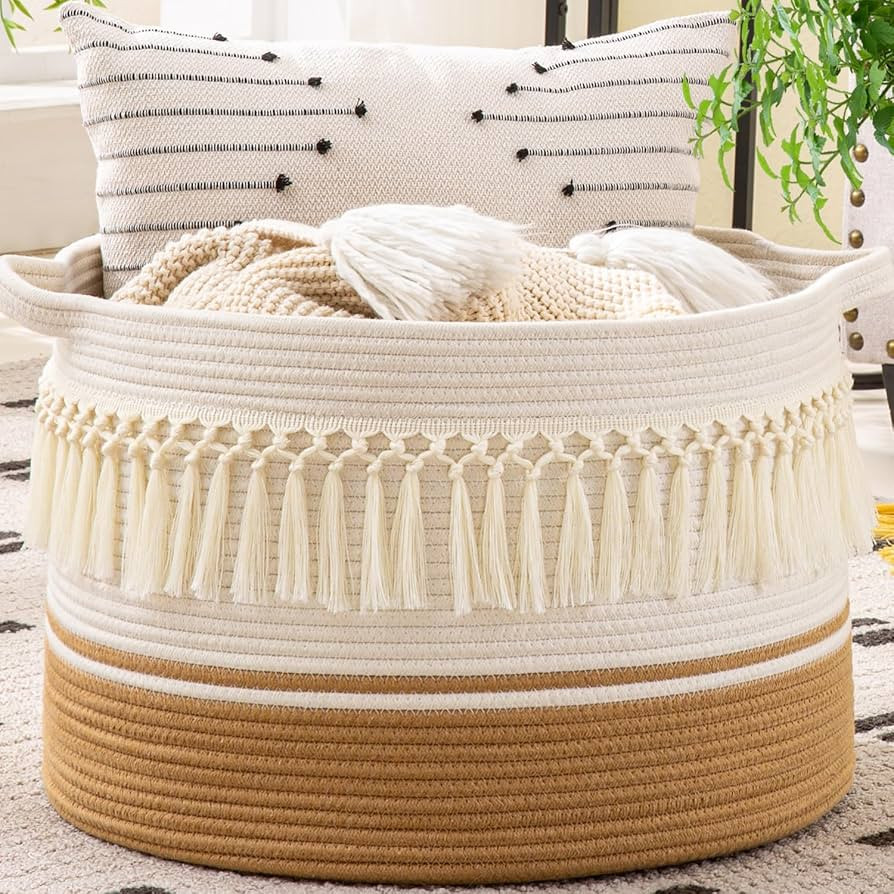KAKAMAY Large Blanket Basket (20"x13"),Woven Baskets for storage Baby Laundry Hamper, Cotton Rope... | Amazon (US)