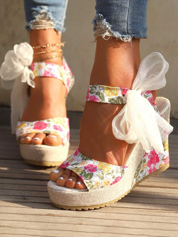 Suitable For Outdoor Wearing, Random Printed, Women's Wedge Heel Thick Bottom Sandals With Platfo... | SHEIN