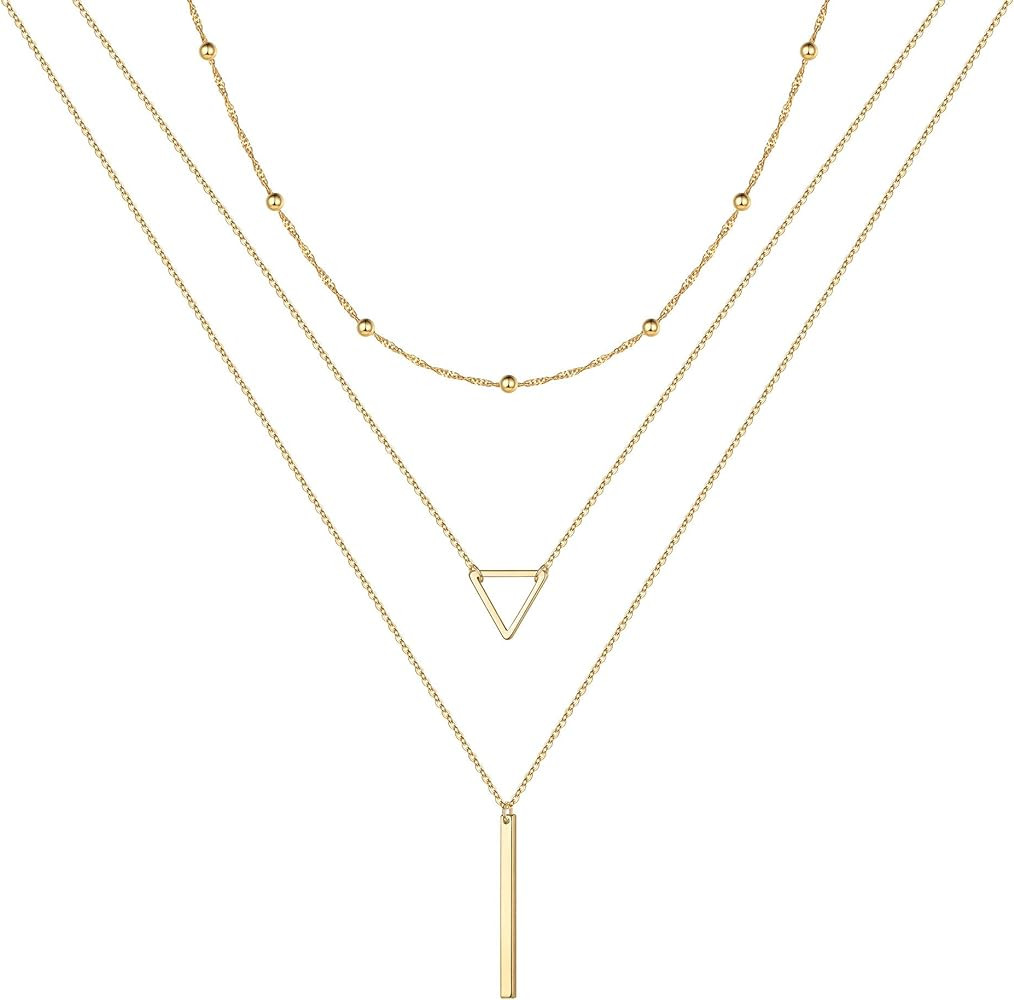 Gold Layered Necklaces for Women - 14K Gold Plated Handmade Multilayer Bar Pearls Coin Disc Moon ... | Amazon (US)