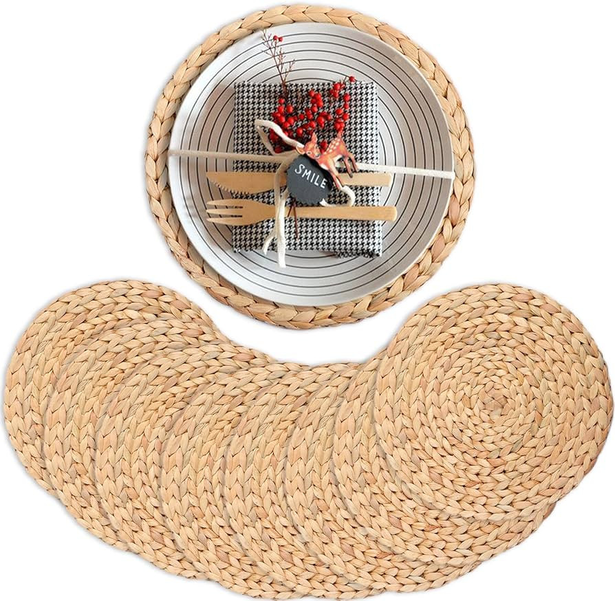 Boho Placemats for Dining Table Set of 8, Water Hyacinth Placemats for Round Table, Round Placema... | Amazon (US)