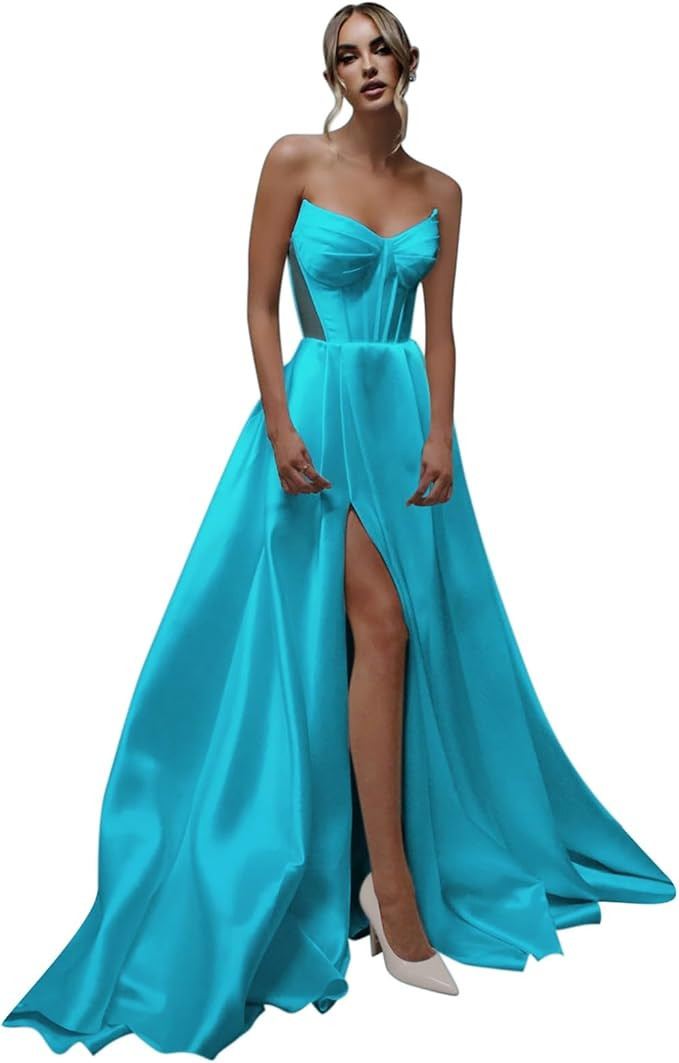 Memphty Strapless Satin Prom Dresses with Slit Long A Line Formal Evening Party Gowns with Pocket... | Amazon (US)