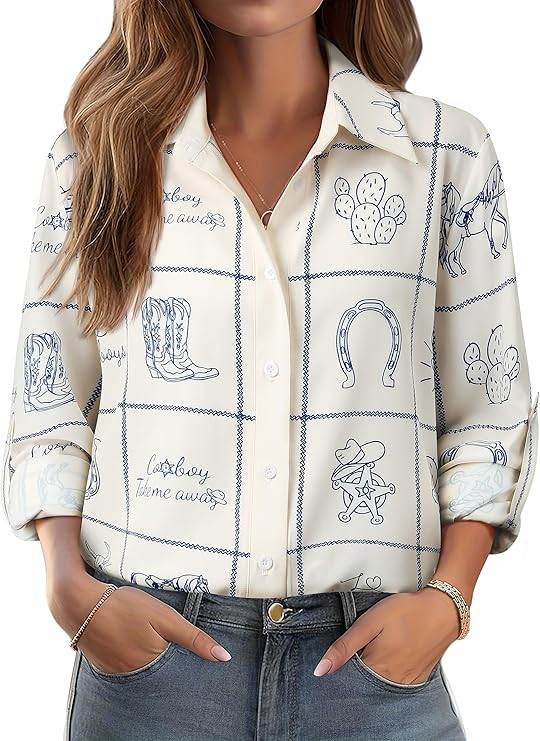 MYMORE ❷⓿❷❻ Women's Western Cowgirl Graphic Button Down Shirt Long Rolled 3/4 Sleeve Flor... | Amazon (US)