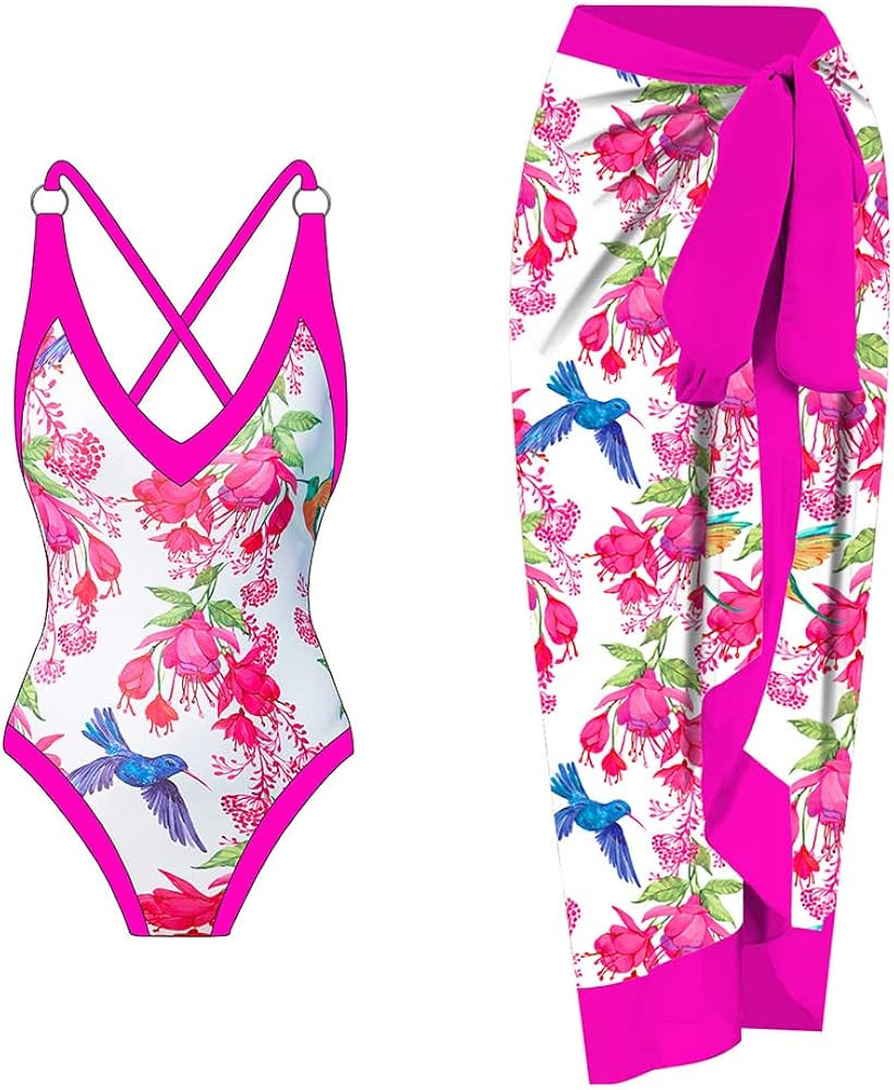 IDOPIP Women's One Piece Swimsuit with Beach Cover up Wrap Skirt Sarong Retro Floral Print Bikini Se | Amazon (US)