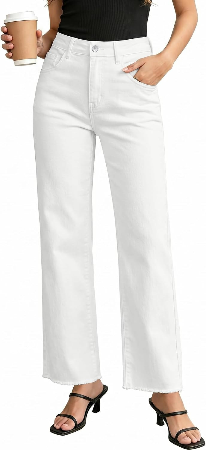 GRAPENT Straight Leg Jeans for Women High Waisted Stretchy Frayed Raw Hem Loose Denim Pants Casual Baggy Jean Trousers | Amazon (US)
