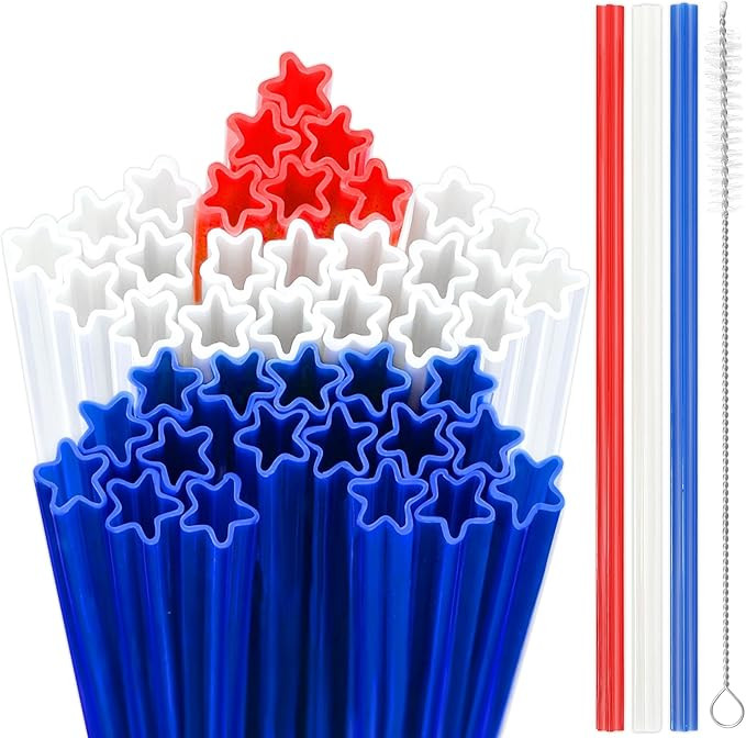 JANYUN 30 Pieces Patriotic Plastic Straws, Red White Blue Star Straws 4th of July Drinking Straws... | Amazon (US)