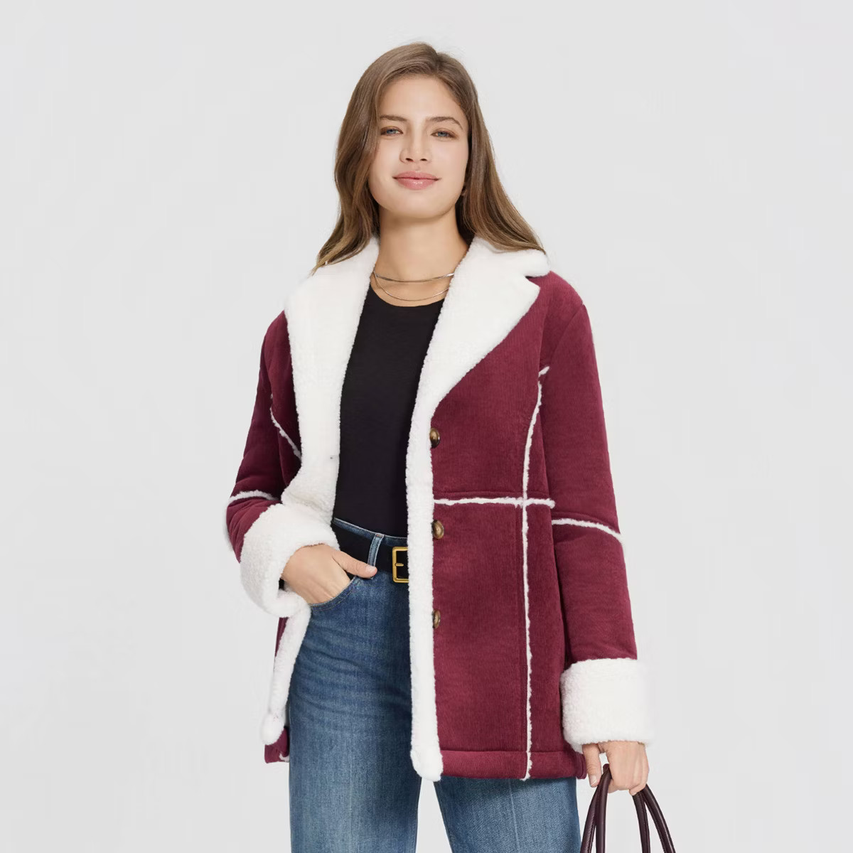 Women's Corduroy Shearling Faux Fur Jacket - Universal Thread™ Burgundy M | Target