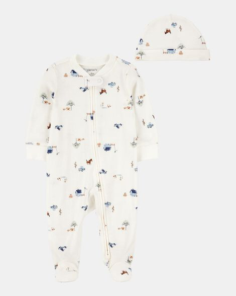 Carter's Baby Boys 2-Piece 2-Way Zip Sleep & Play & Cap Set - Ivory/Blue 9M Ivory/Blue | Carter's Inc