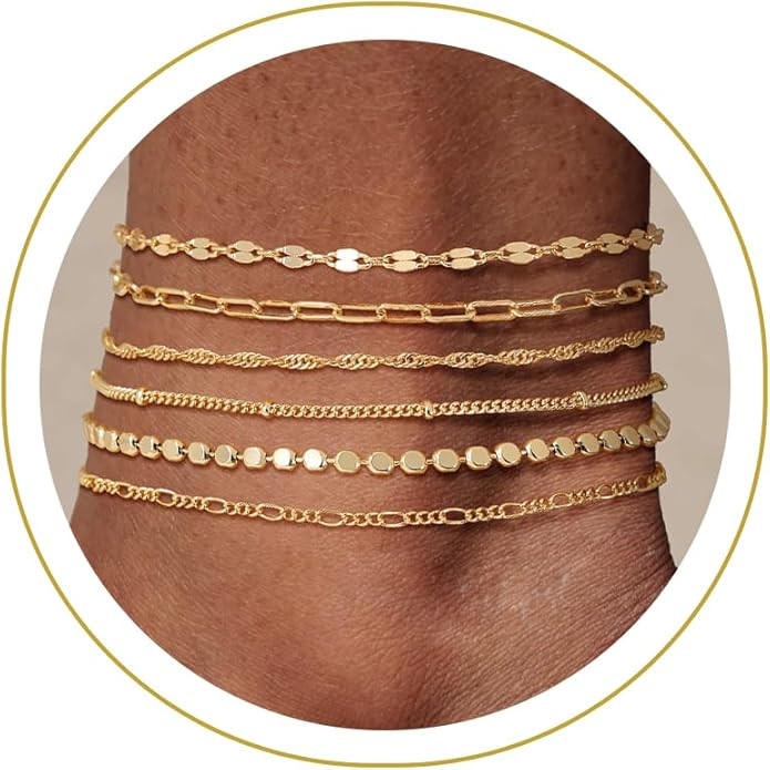 Tewiky Waterproof Ankle Bracelets for Women, 14K Real Gold Plated Anklets for Women 6PCS Anklet S... | Amazon (US)