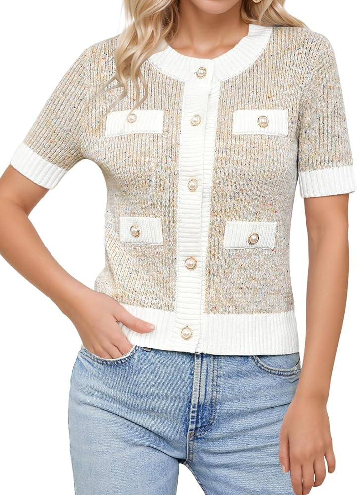 LCXWFE Womens Cropped Short Sleeve Cardigan Sweaters Crew Neck Button Down Tweed Cardigans Knitwe... | Amazon (US)