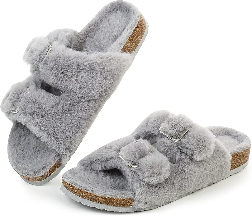 FITORY Womens Open Toe Slipper with Cozy Lining,Faux Rabbit Fur Cork Slide Sandals Size 6-11 | Amazon (US)