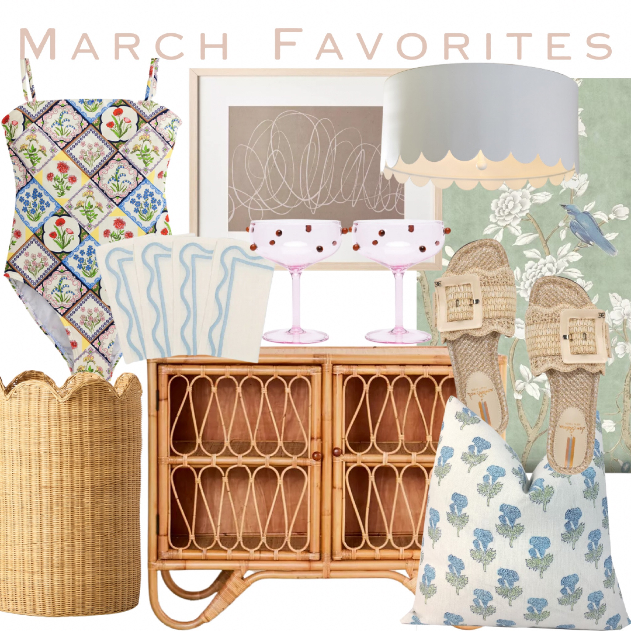 March best sellers!
One piece swimsuit; abstract art; Target finds; scalloped basket; block print pillow; chinoiserie wallpaper; raffia sandals; martini glasses; scalloped flush mount; rattan cabinet; bar cart; table linens; grandmillennial home

#LTKshoecrush #LTKswim #LTKhome