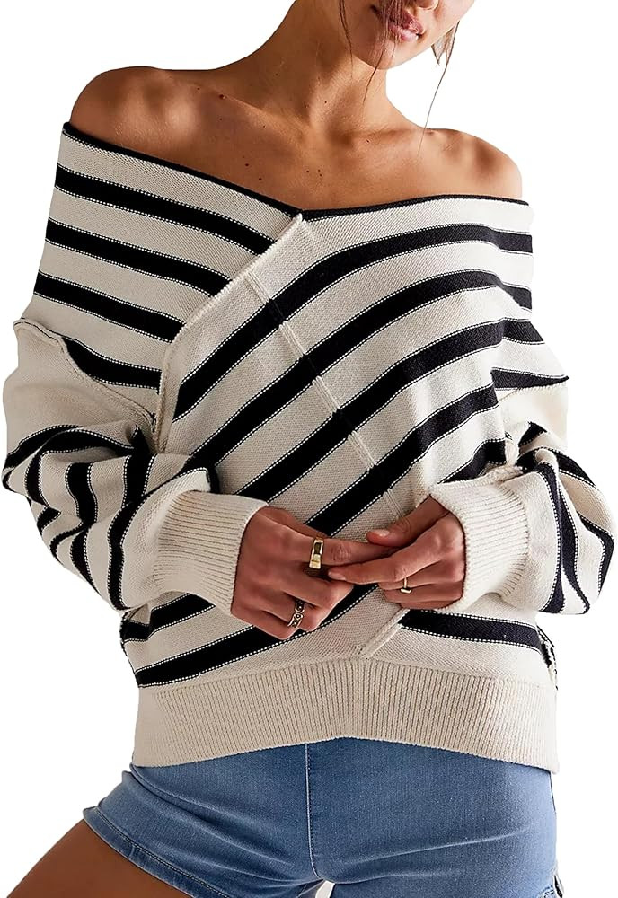 Women's Long Sleeve Striped Color Block Knitted Sweater V Neck Oversized Pullover Jumper Tops | Amazon (US)