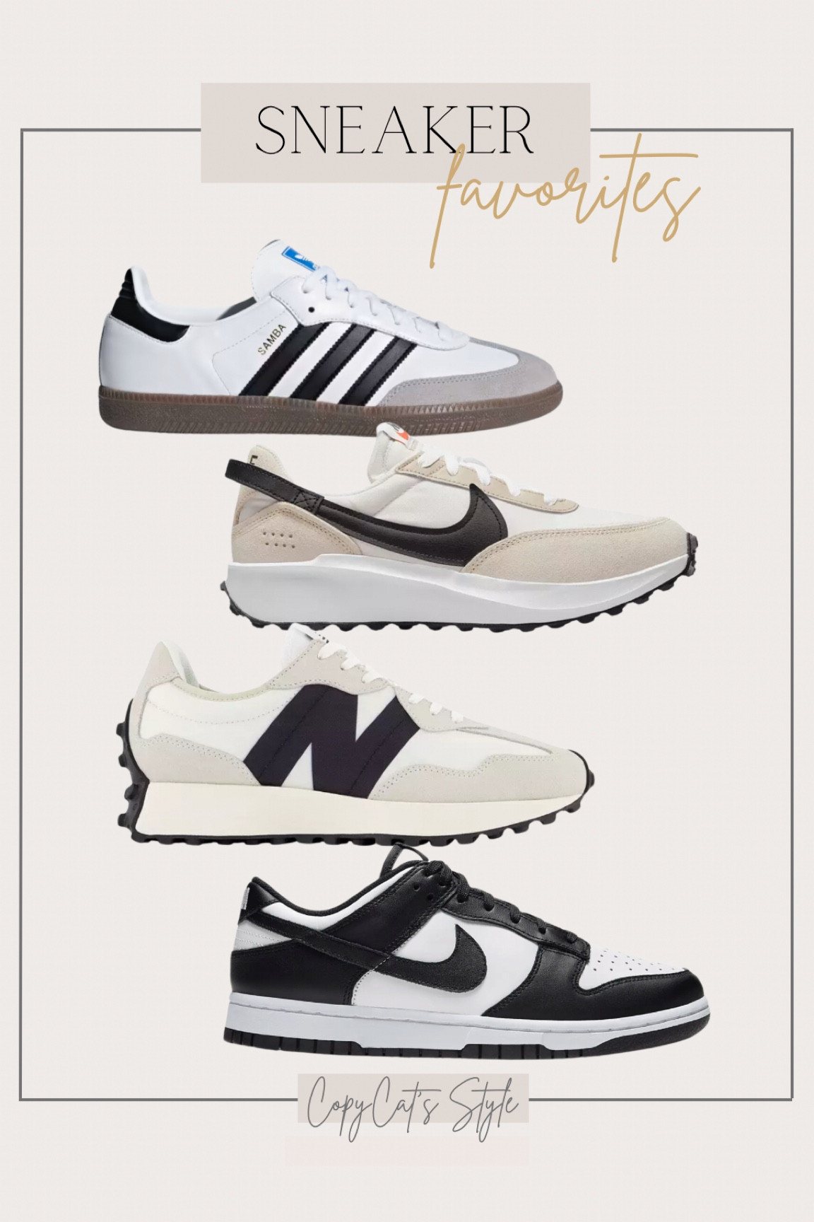 Trending black and white sneakers, neutral sneakers, on trend sneakers, Adidas samba og, Nike dunks, New balance 327

#LTKGiftGuide #LTKfindsunder100 #LTKshoecrush