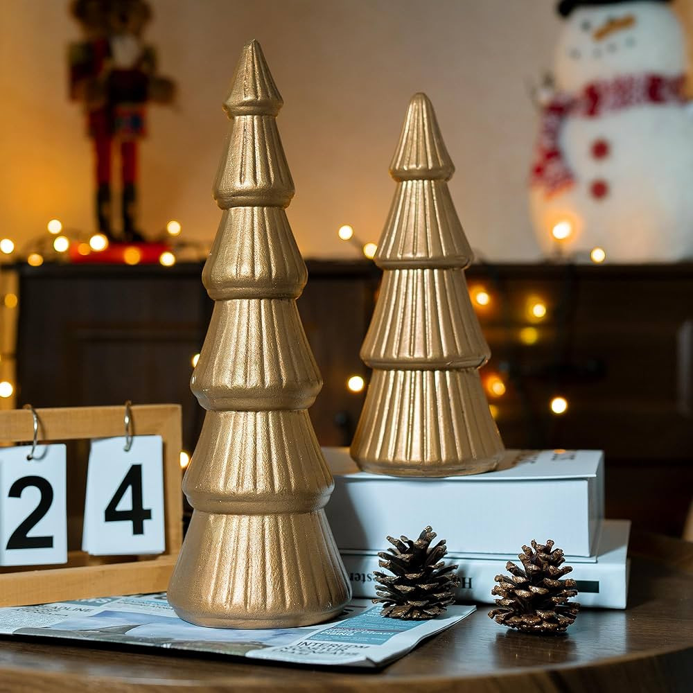 NEROSUN Christmas Tree Tabletop, Set of 2 Wooden Gold Tree Figurine Table Centerpiece, Christmas ... | Amazon (US)