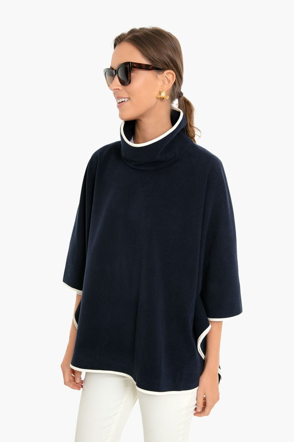 Navy Leather Trim Funnel Neck Piper Poncho | Tuckernuck (US)