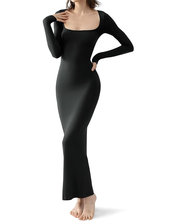 PUMIEY Women's Square Neck Long Sleeve Maxi Dress Ribbed Bodycon Dresses for Women Soft Lounge Dr... | Amazon (US)