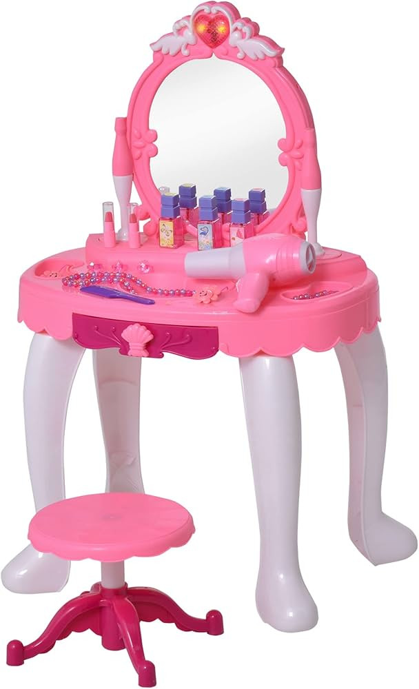 Qaba Children Dressing Table Set Girls Pretend Princess Vanity Table Chair with Music Lightening ... | Amazon (CA)