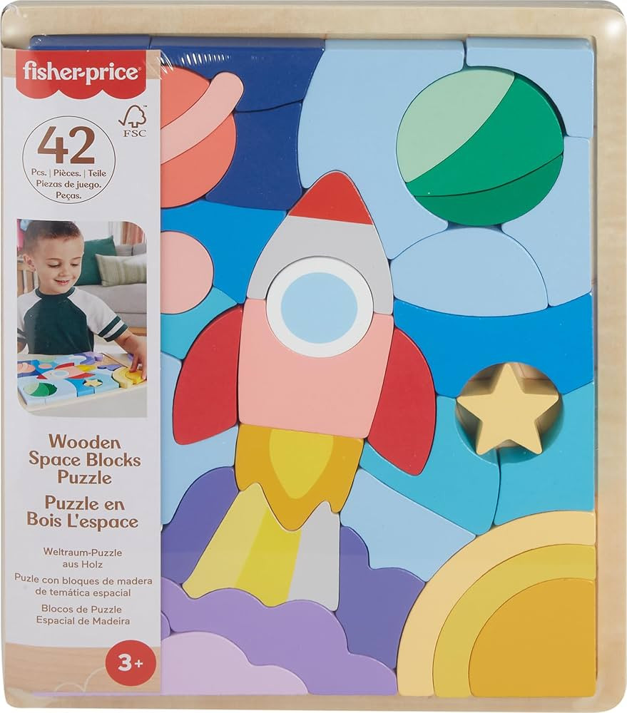 Fisher-Price Wood Preschool Toy Space Blocks Jigsaw Puzzle, 42 Wooden Pieces for Stacking & Sorti... | Amazon (US)