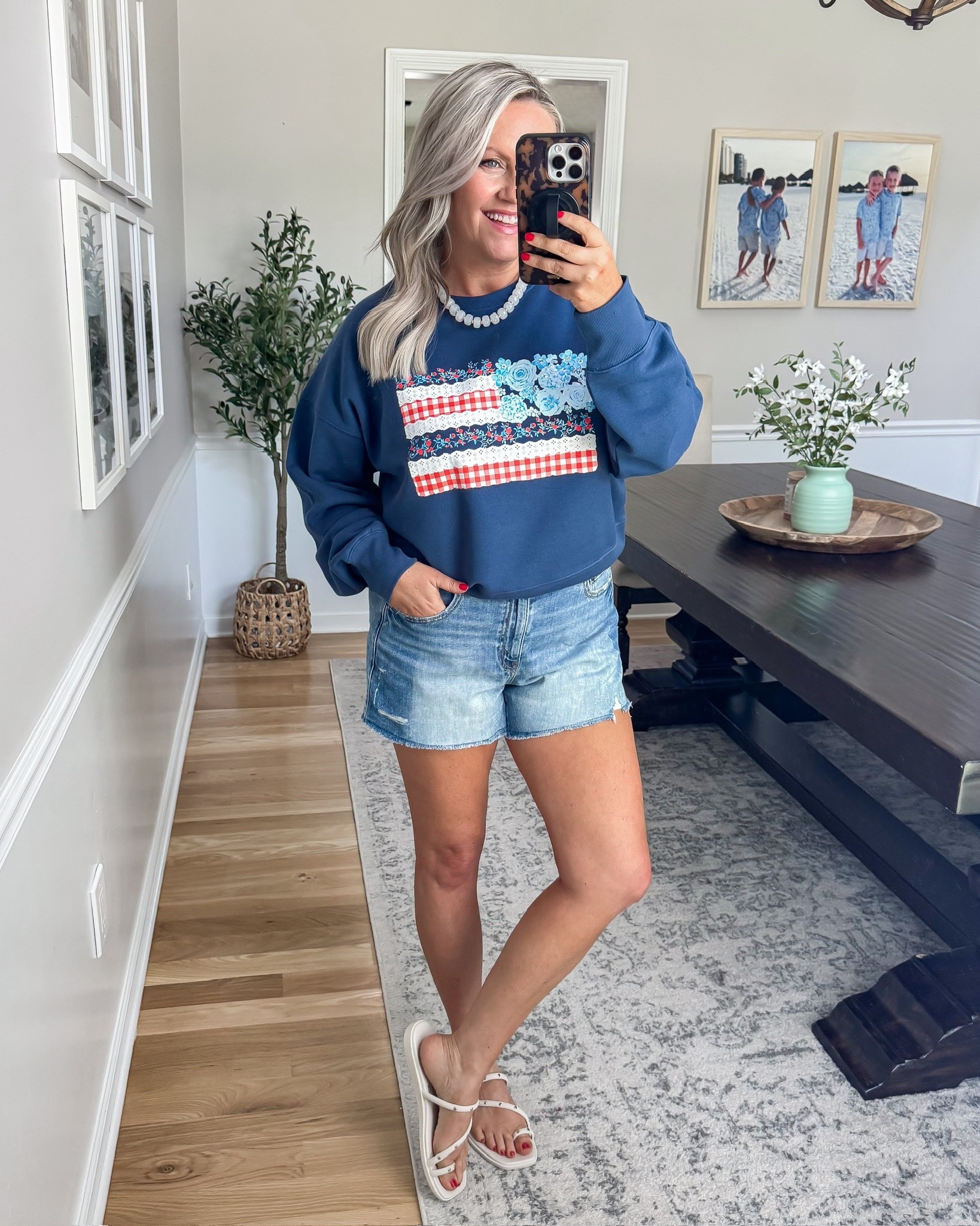 This one feels like a softer take on patriotic style and I love it 🇺🇸 The floral + gingham detail keeps it feminine while still giving that festive vibe, and paired with denim shorts it’s such an easy, throw on and go look.

patriotic outfit casual 4th of july outfit denim shorts outfit summer sweatshirt outfit everyday casual style red white blue outfit comfy weekend look summer outfit ideas lovelylifestyling 

#LTKootd #LTKOver40 #LTKSeasonal