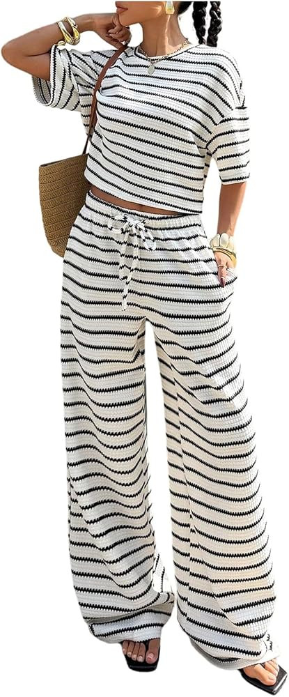 OYOANGLE Women's Striped 2 Piece Set Lounge Sets Short Sleeve T Shirt and Wide Leg Pants Summer J... | Amazon (US)