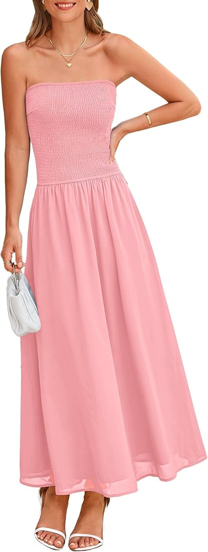 PRETTYGARDEN Women's Strapless Wedding Guest Dresses 2025 Summer Trendy Elegant Smocked Tube Top ... | Amazon (US)