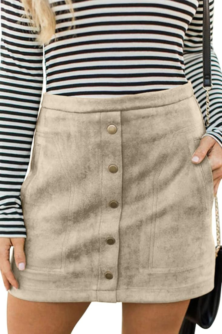 Meyeeka Women's Button Front Faux Suede High Waist A-line Mini Skirt with Pocket | Amazon (US)