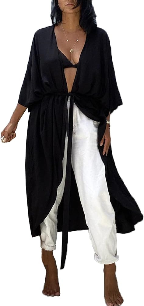 Chunoy Women's Solid Open Front Sleeveless Long Beach Cover Ups Kimono Cardigan | Amazon (US)