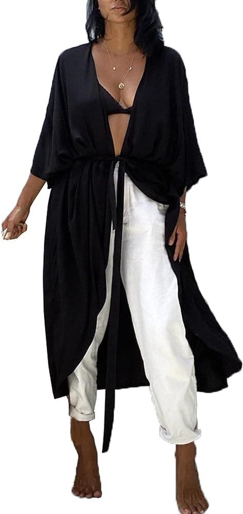Chunoy Women's Solid Open Front Sleeveless Long Beach Cover Ups Kimono Cardigan | Amazon (US)