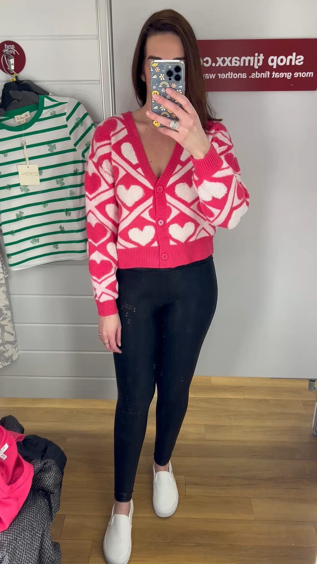 Pink and white heart cardigan (xs). Black faux leather leggings (s). White slip on sneakers (8.5). #cardigan #sweater #heartcardigan #pinkcardigan #leggings #blackleggings #fauxleatherleggings #sneakers #whitesneakers #sliponsneakers  
valentines day outfit women 
date night outfits 
valentines outfit women 
 @TJ Maxx @Spanx @DSW 

#LTKSeasonal