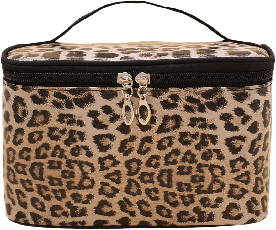 QWINEE Women's Leopard Print Cosmetic Bag Top Handle Zipper Makeup Bag Large Capacity Toiletry Ba... | Amazon (US)