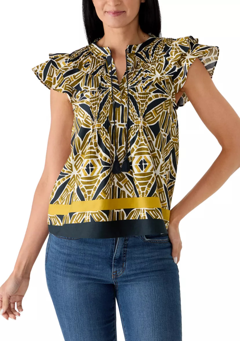 Women's Ruffle Sleeve Geo Print Split Neck Blouse | Belk