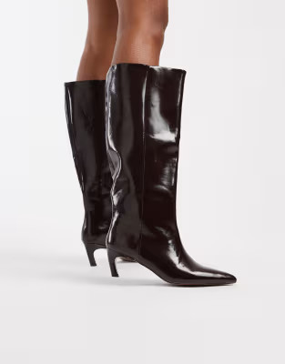 ASOS DESIGN Carmel pull-on kitten heeled knee boots in burgundy | ASOS (Global)