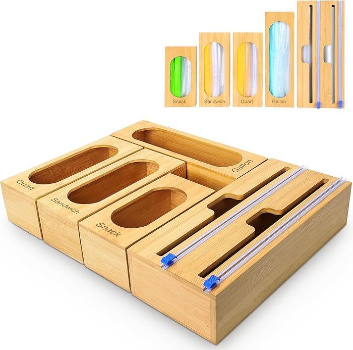 Individual Storage Bag Organizer for Kitchen Drawer, Bamboo with Foil and Plastic Wrap Organizer ... | Amazon (US)
