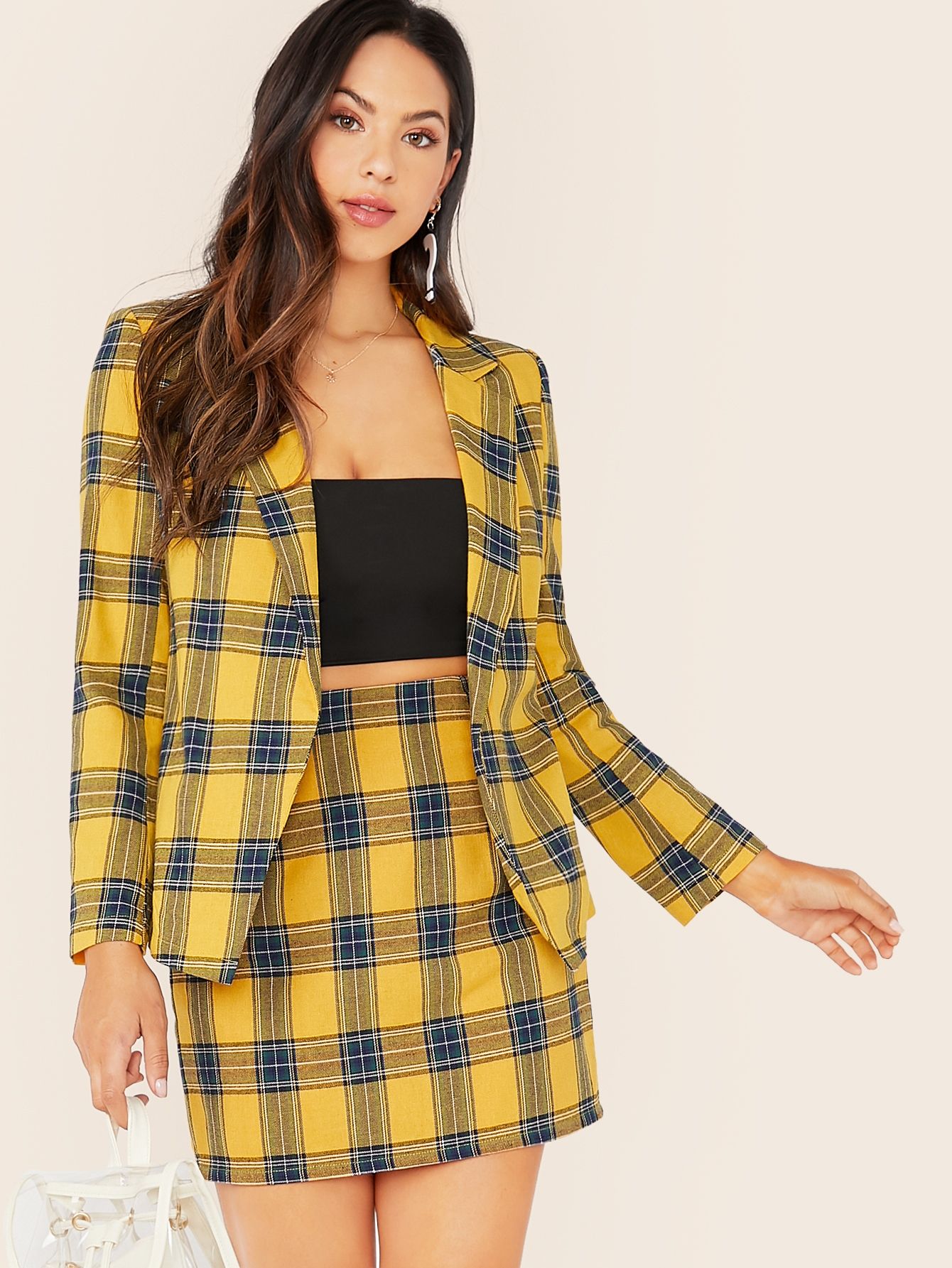 SHEIN Notched Collar Plaid Blazer & Skirt Set | SHEIN