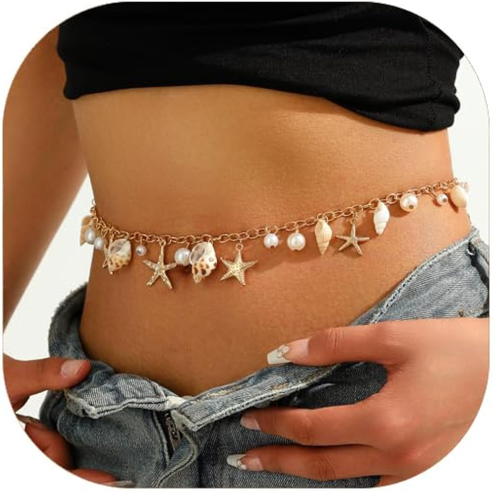 Seashell Starfish Waist Chain for Women Boho Conch Belly Body Chains Summer Beach Pearl Waist Bod... | Amazon (US)