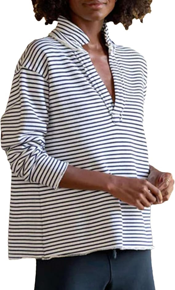 Zontroldy Women's Casual V Neck Pullover Sweatshirt Long Sleeve Solid Color/Stripe Polo Collared ... | Amazon (US)