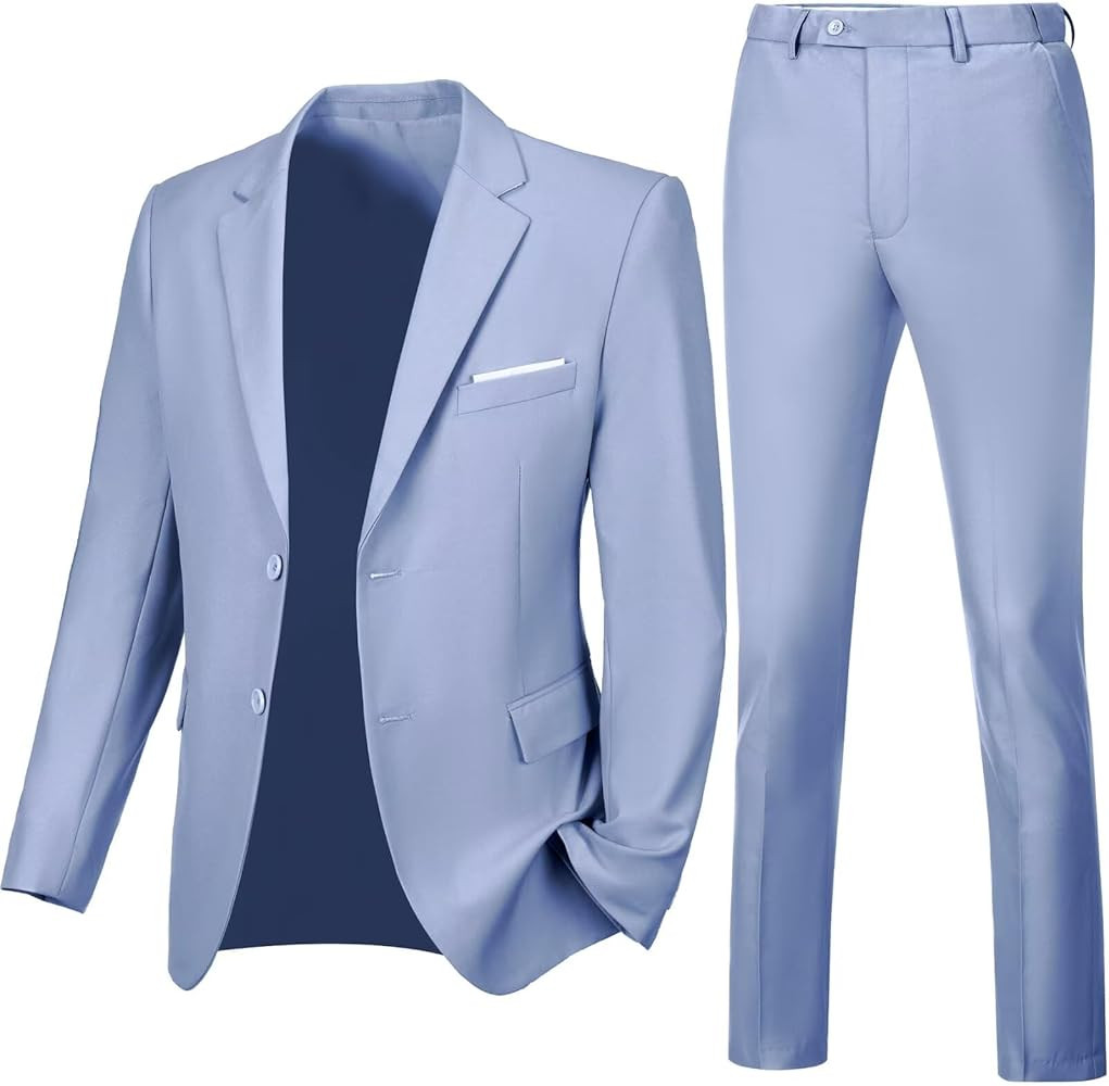 Mens Slim Fit 2 Piece Suit Two Button Notched Lapel Solid Suit Jacket Pants Set Tuxedo for Prom | Amazon (US)