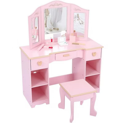 Kids Vanity Set with Mirror and Lights - Makeup Vanity, Vanity Chair, Vanity Mirror, Kid Table Chair Set, Wood Makeup Playset for Ages 4-9 | Target
